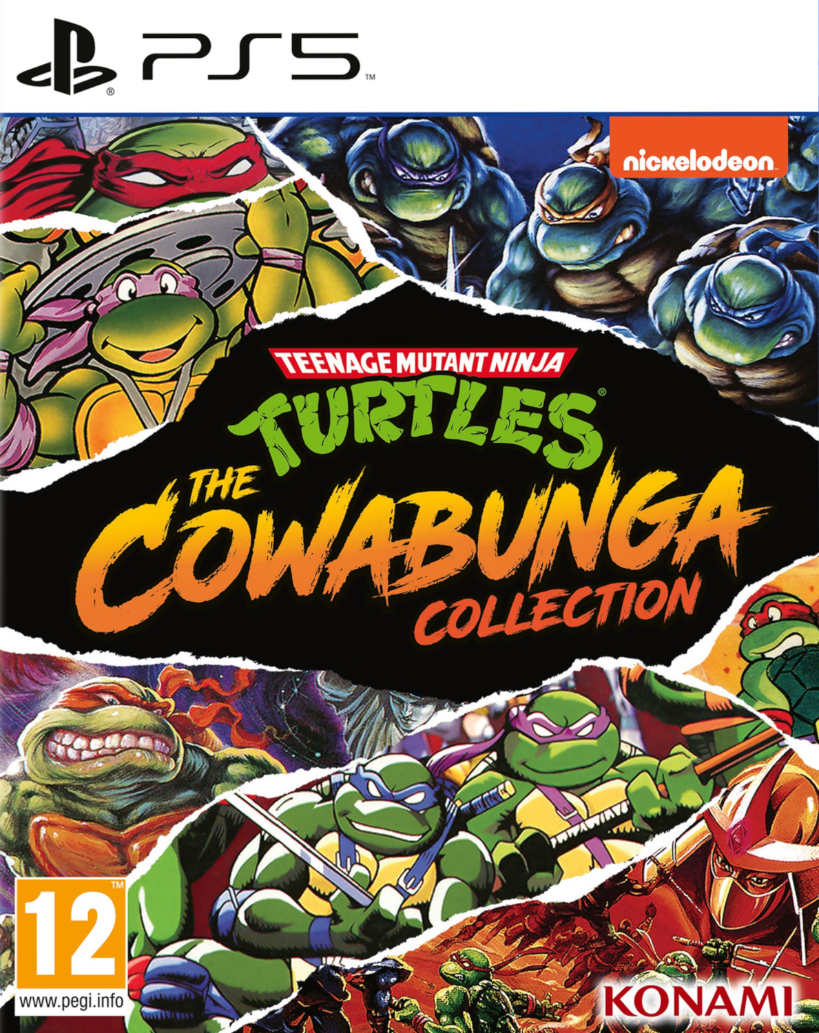 PS5 game cover met cartoon schildpadden en titel, met een collage van beelden en heldere kleuren.