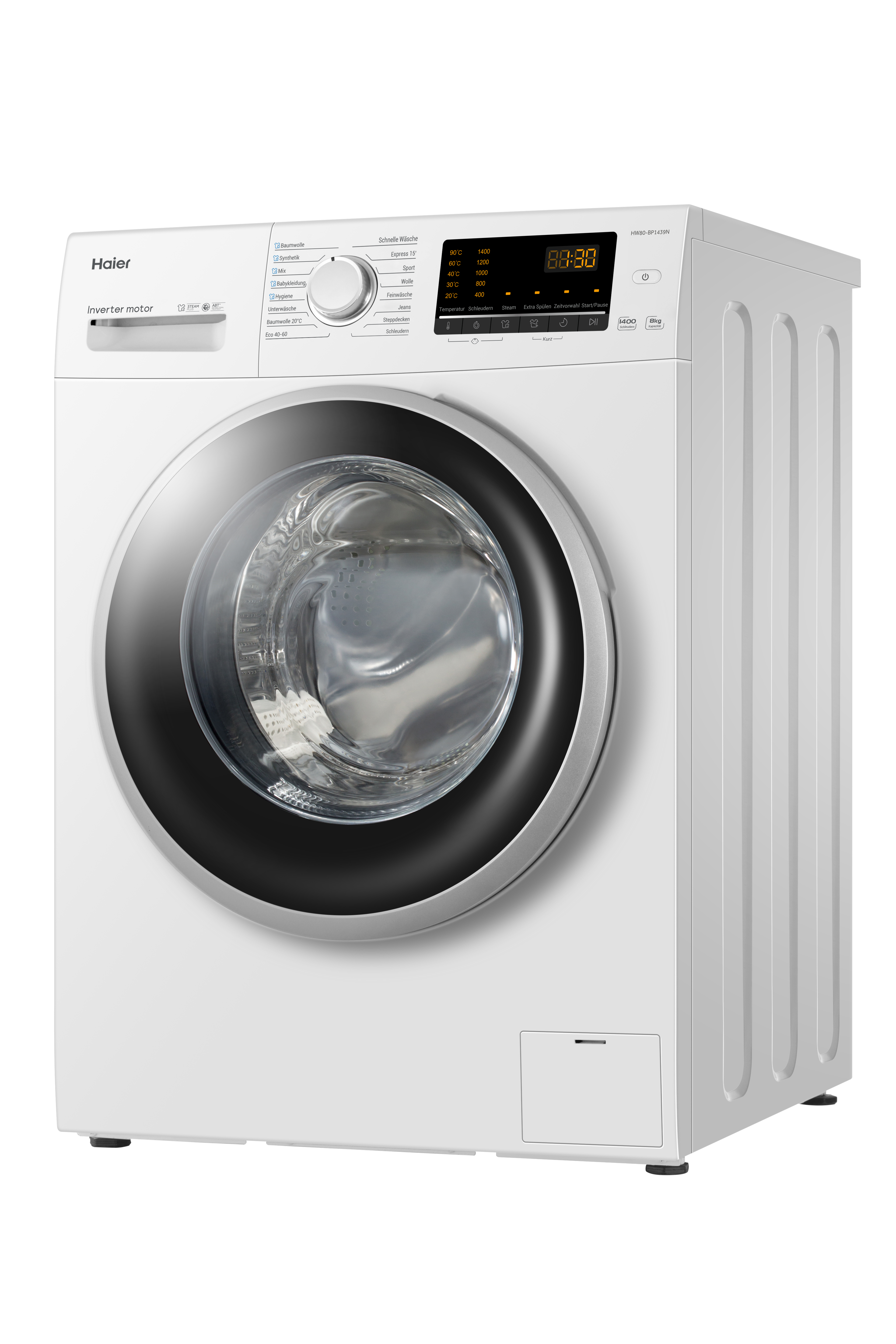 Weiße Haier Waschmaschine. Mit Digitalanzeige, Bedienfeld und großer, runder Glastür.
