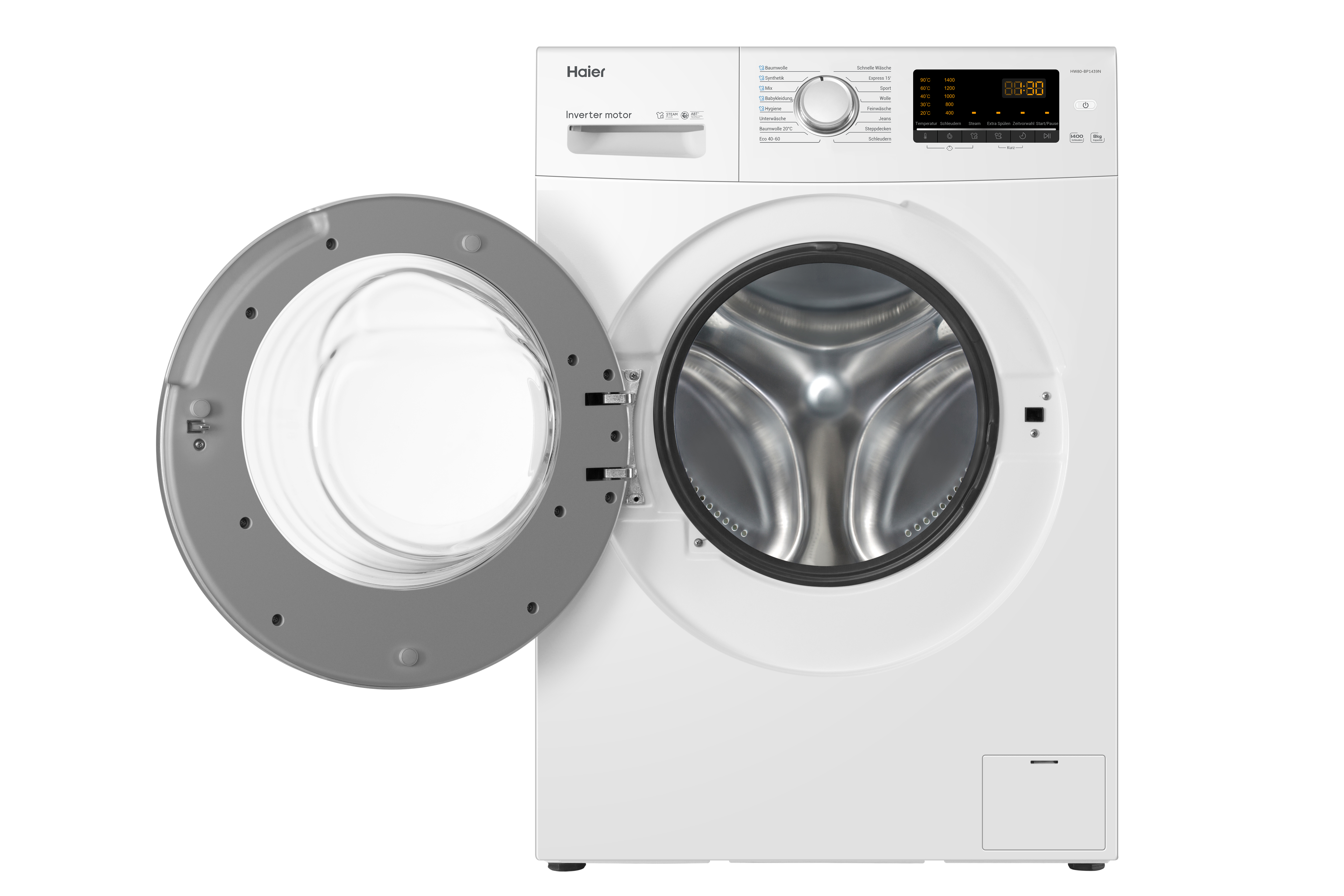 Eine weiße Haier Waschmaschine mit offener Tür, die die Trommel zeigt. Bedienfeld oben.