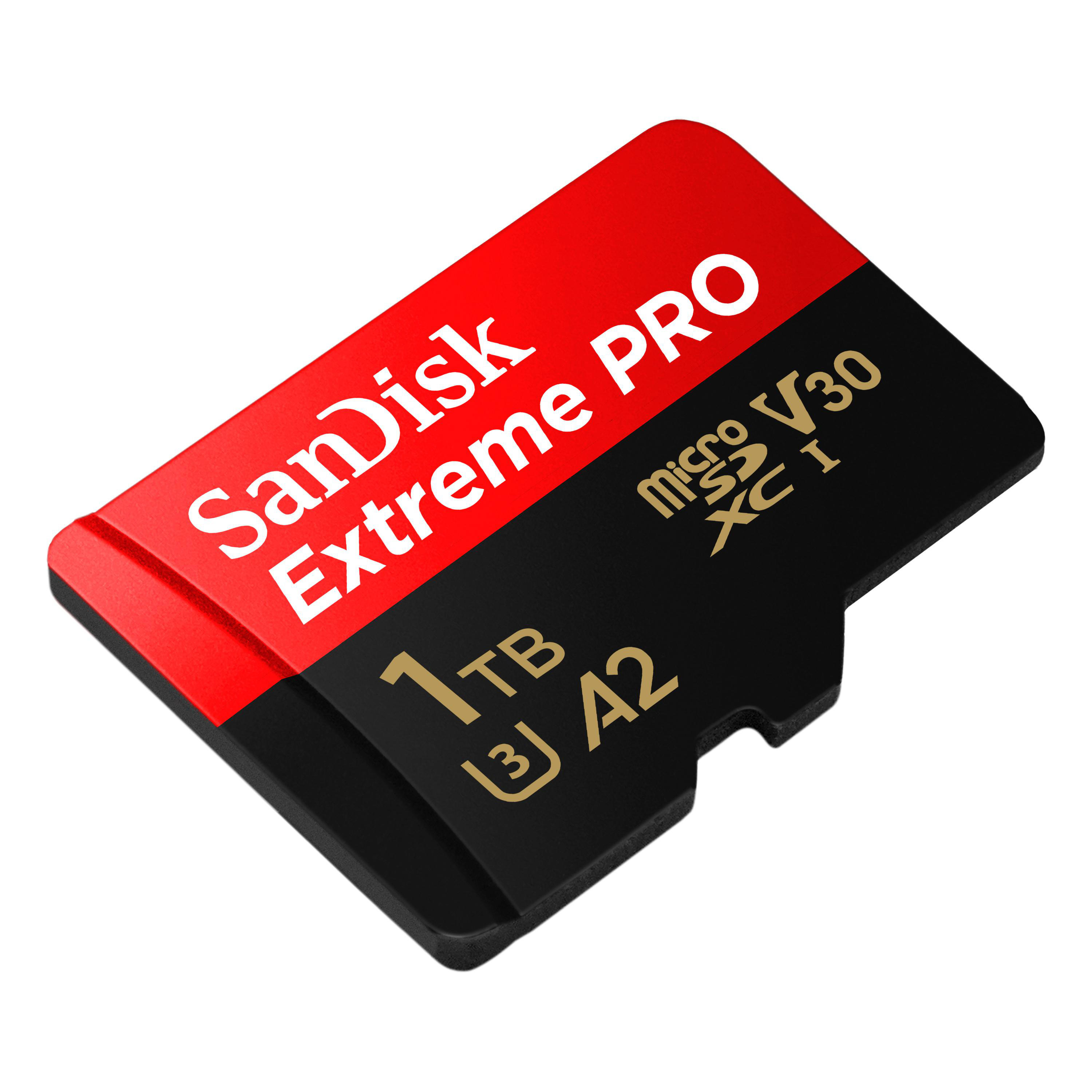 Sandisk Extreme Pro Micro SD-Karte, schwarz und rot, mit Text und Logo, auf weißem Hintergrund.