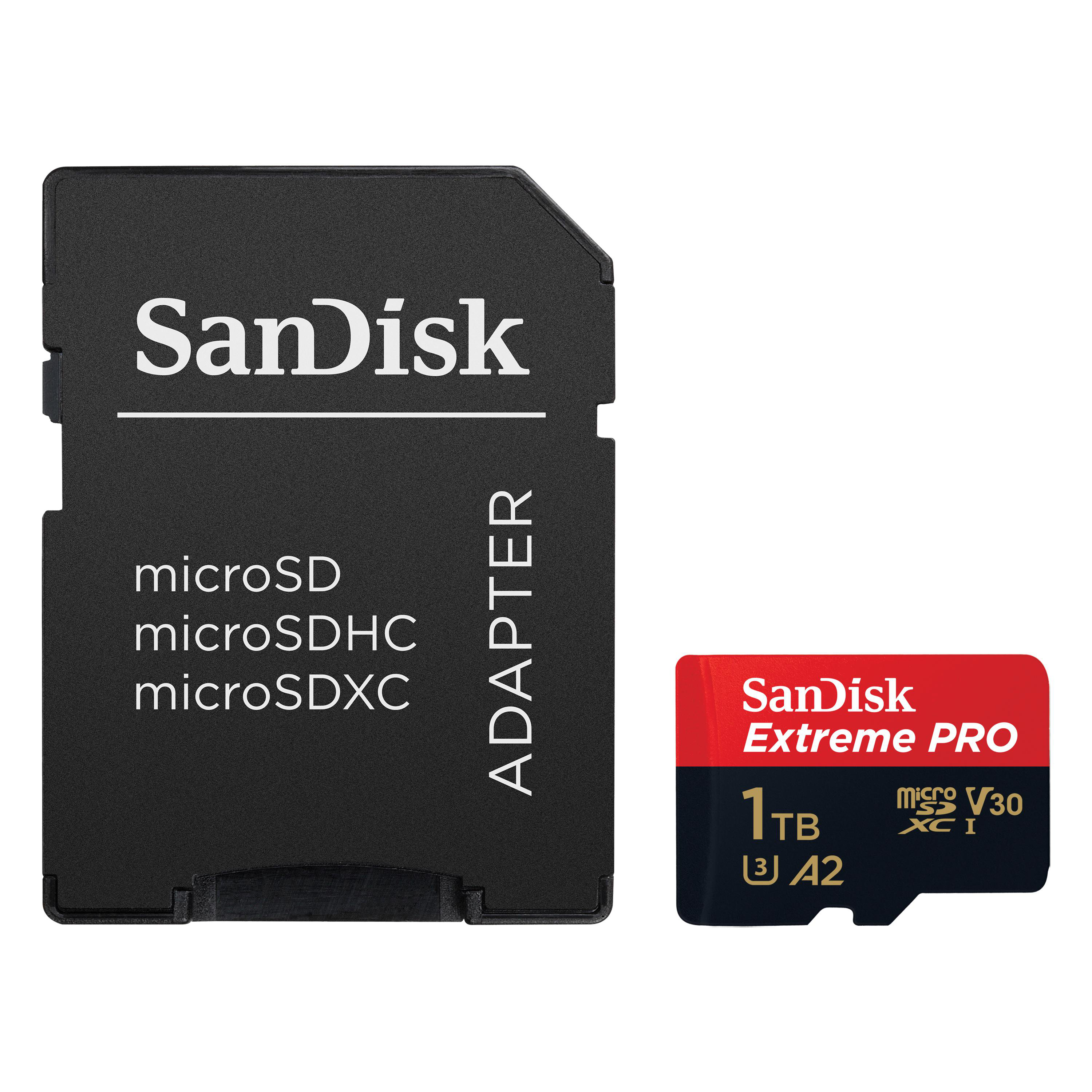 Schwarzer SanDisk-Adapter und rote 1-TB-microSD-Karte.