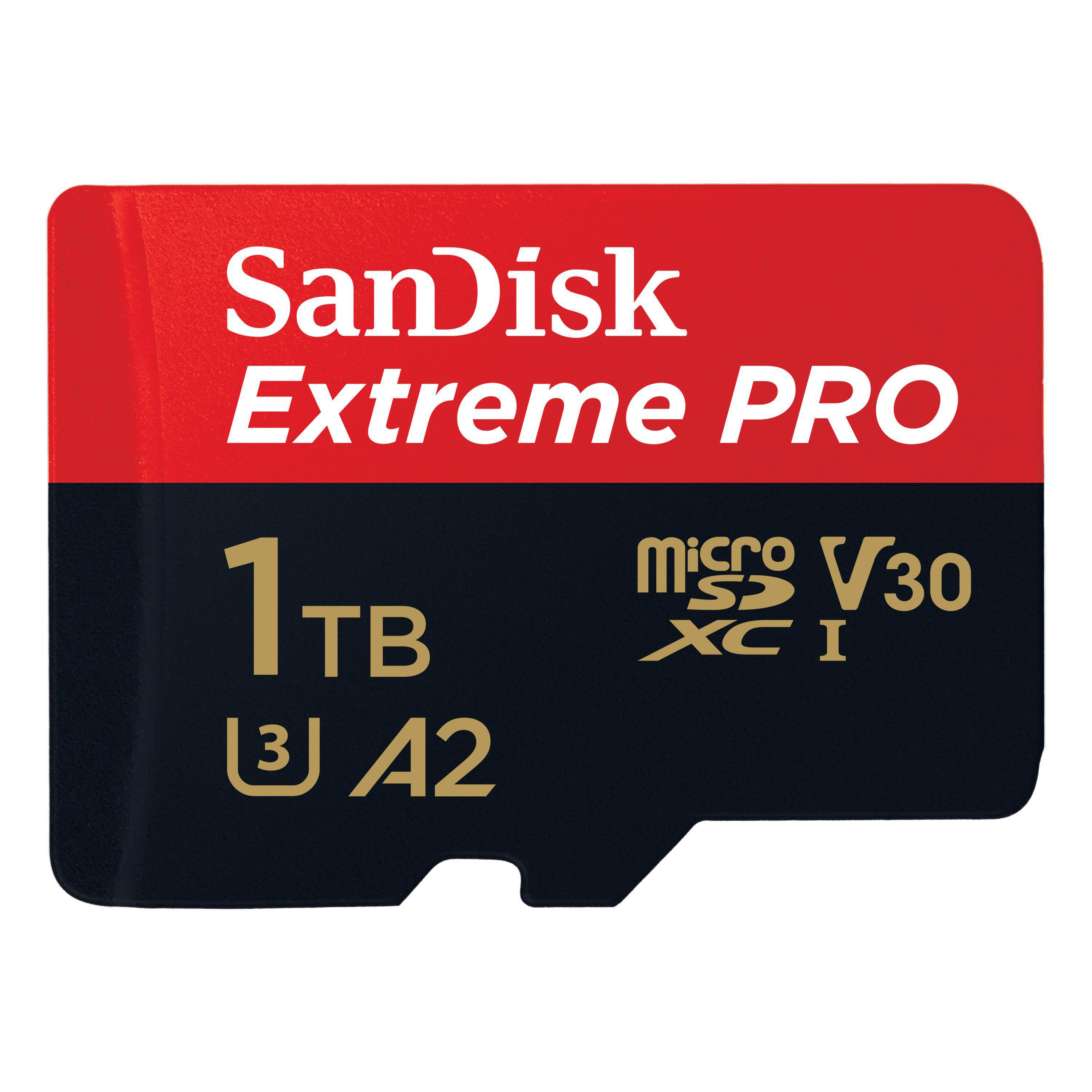 SanDisk Extreme PRO 1TB microSD-Karte. Rot und Schwarz, mit weißem Text. Zeigt Datenübertragungsraten und Speicher.