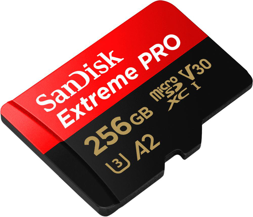 Rote und schwarze SanDisk Extreme PRO microSD-Karte, mit Text und Spezifikationen.