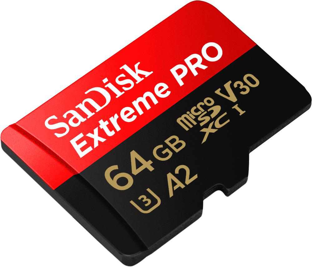 SanDisk Extreme PRO microSD-Karte, rot und schwarz, mit Spezifikationen.