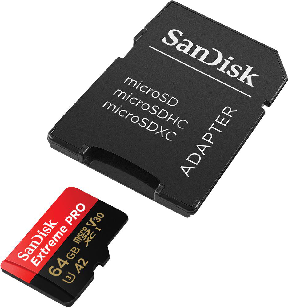 Schwarzer SanDisk SD-Kartenadapter und eine kleinere rot-schwarze SanDisk Extreme Pro microSD-Karte.