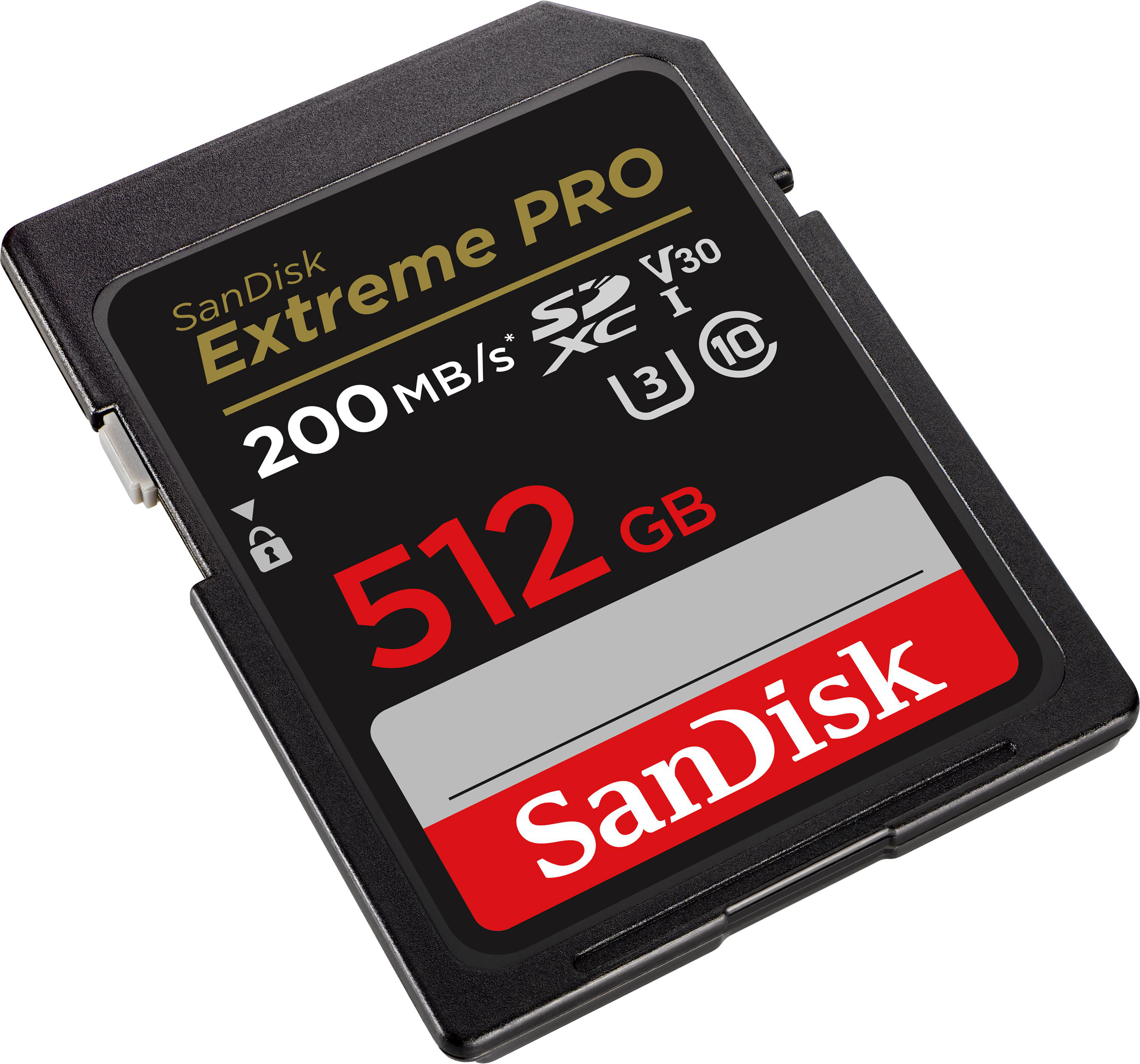 Schwarze und graue SanDisk Extreme PRO SD-Karte. Zeigt 512 GB, 200 MB/s und andere Spezifikationen.