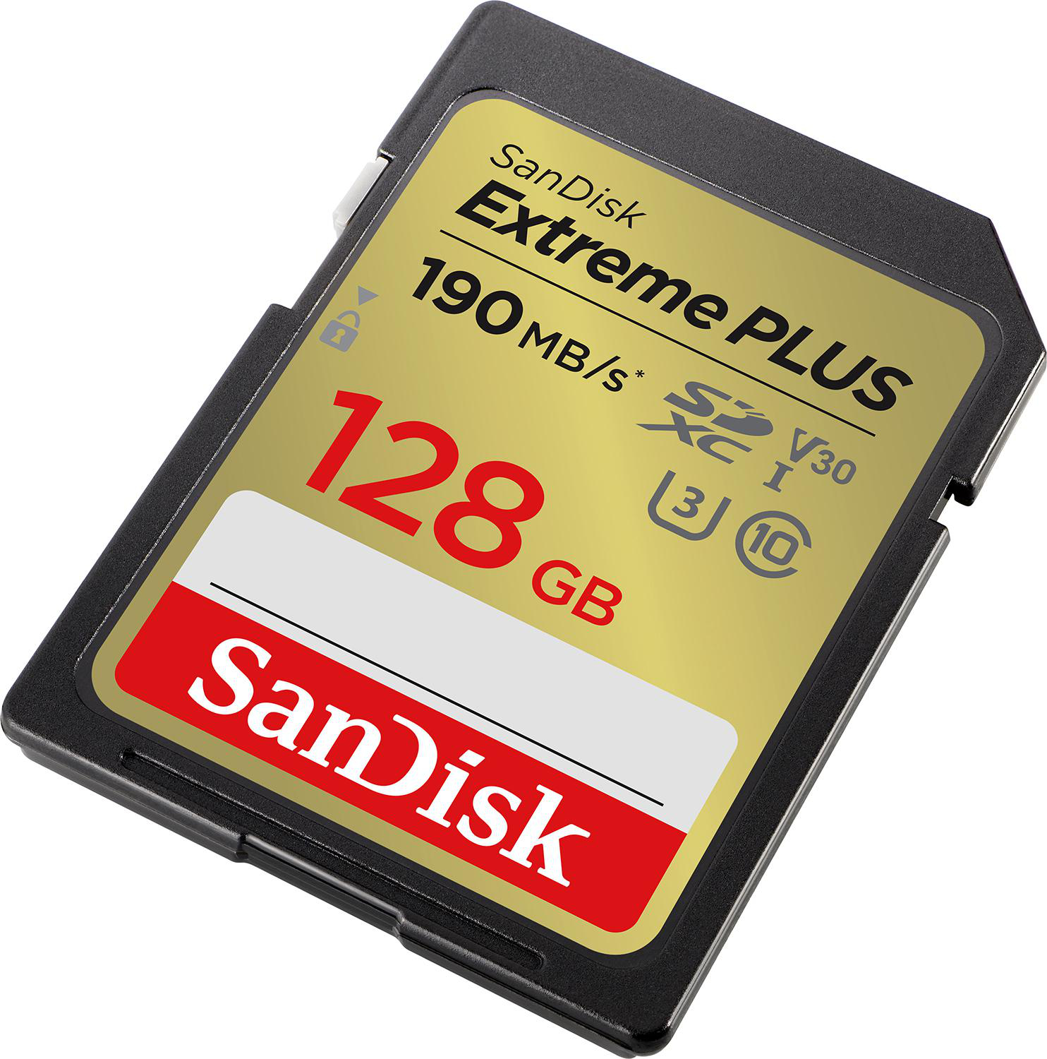 SD-Karte mit Gold- und Schwarz-Finish, Text 'SanDisk Extreme PLUS 128 GB'.