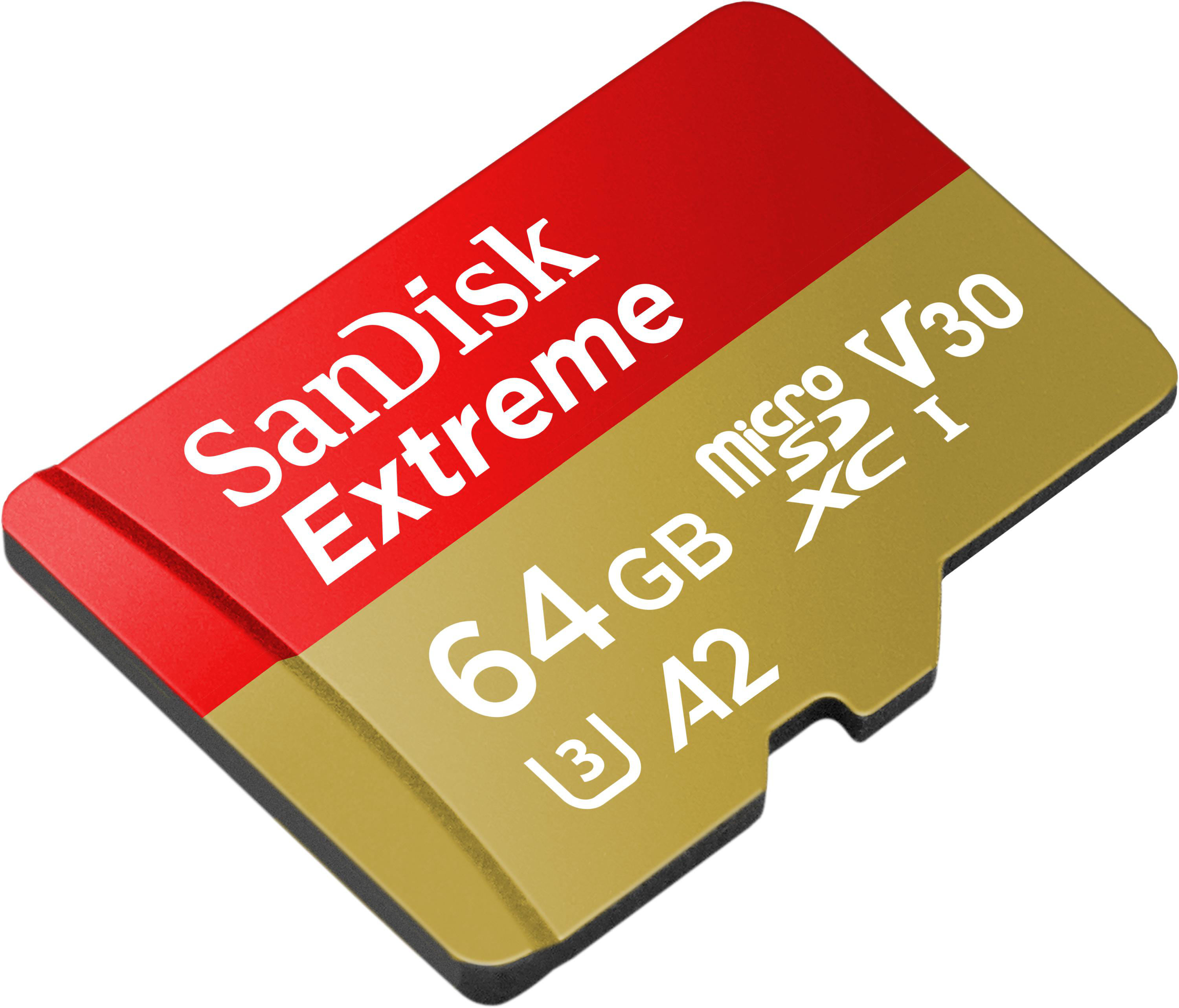 Rote und goldene SanDisk Extreme 64GB Micro-SD-Karte.