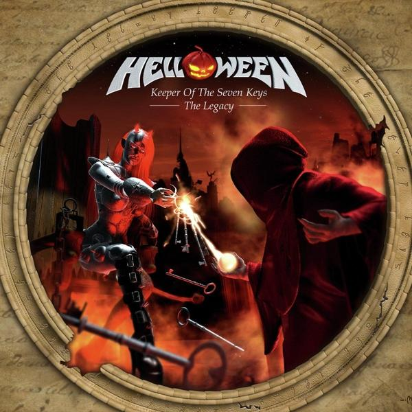 Albumcover für Helloween. Enthält eine rot-orange Szene mit einer dämonischen Figur und Schlüsseln in einem Rahmen.