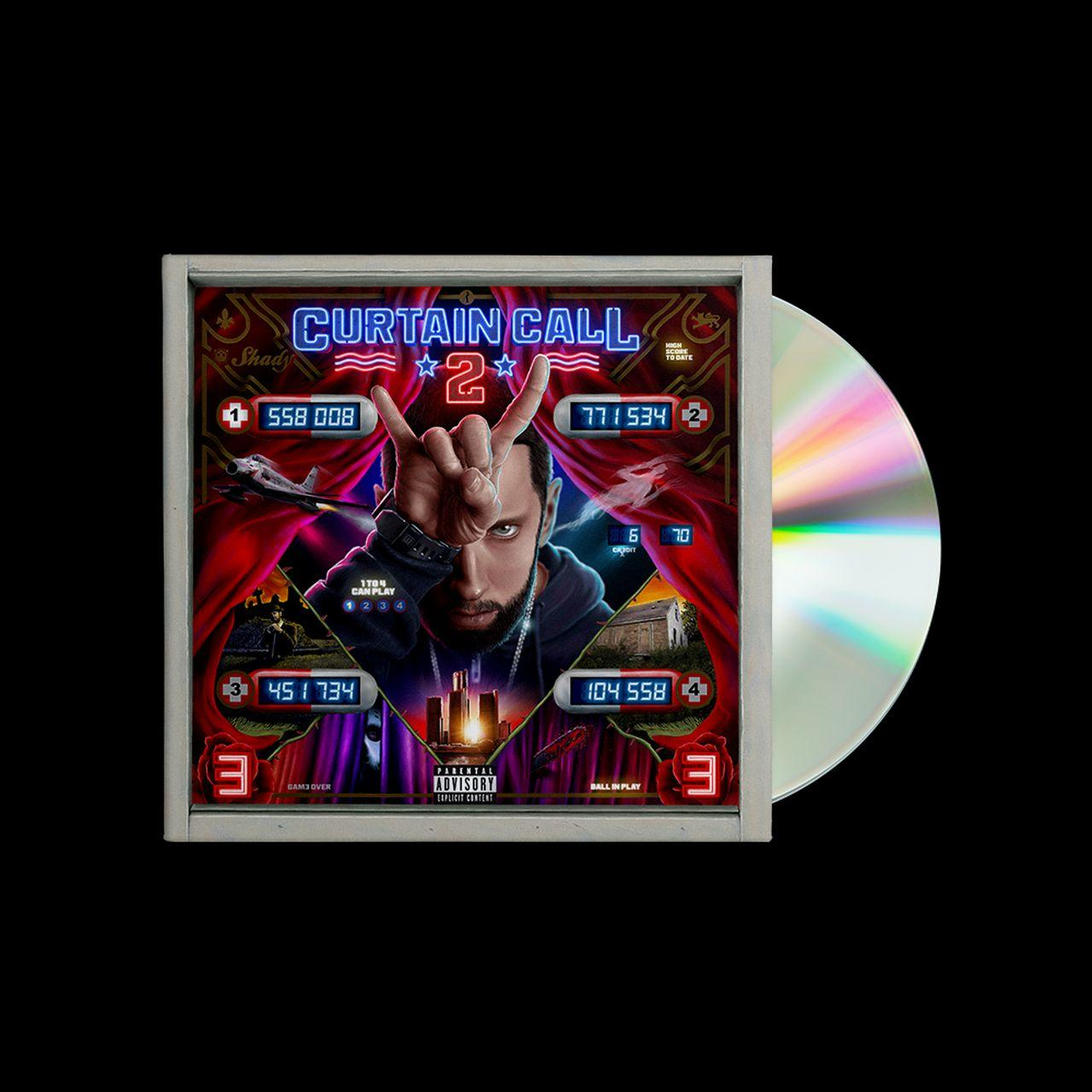 CD-Hülle mit Eminems Bild und Curtain Call 2 darauf. Eine CD wird neben der Hülle gezeigt.