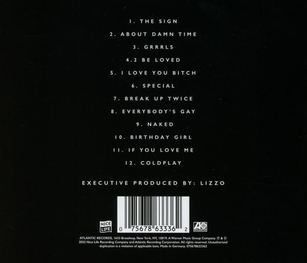 Albumcover mit schwarzem Hintergrund und Titelliste. Enthält Lizzos Album.
