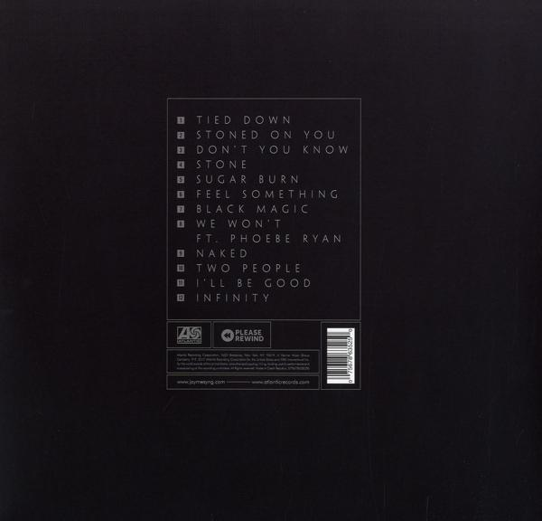 Rückseite eines schwarzen Albumcovers mit einer Liste der Songtitel in Weiß und einem kleinen Logo.