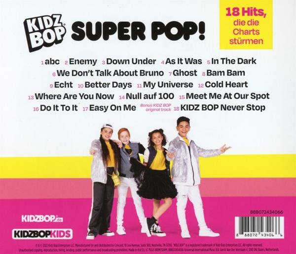 Albumcover der Gruppe Kidz Bop Kids. Der Titel 'SUPER POP!' ist prominent dargestellt.