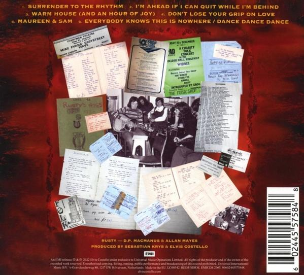 Rückseite eines Musikalbums, handschriftliche Notizen, Bandmitglieder und Trackliste.
