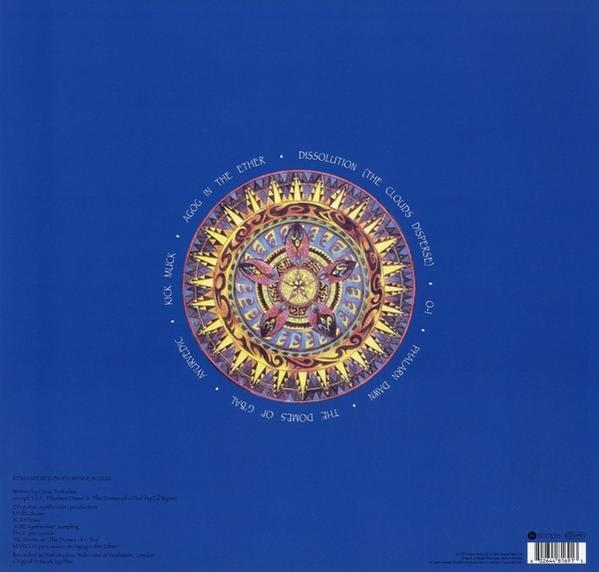 Albumcover mit einem zentralen, farbenfrohen, kreisförmigen Design auf blauem Hintergrund.