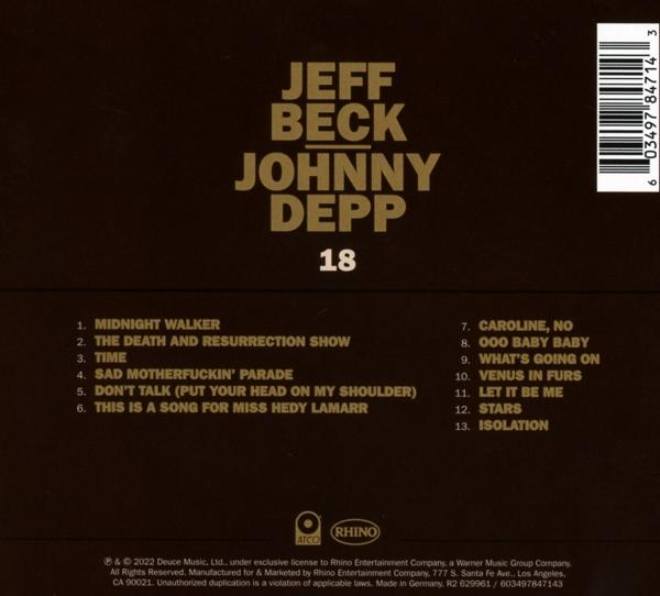 CD-Cover für Jeff Beck und Johnny Depps Album „18“. Songtitel auf braunem Hintergrund aufgeführt.