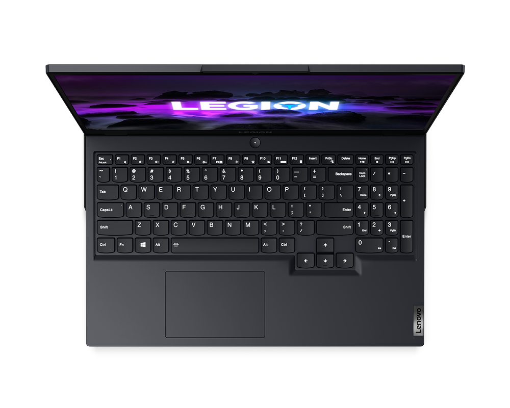 Vista cenital de una laptop Lenovo Legion sobre fondo negro. La pantalla está encendida y muestra una pantalla púrpura.