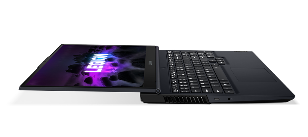 Portátil Lenovo Legion negro con la pantalla abierta.