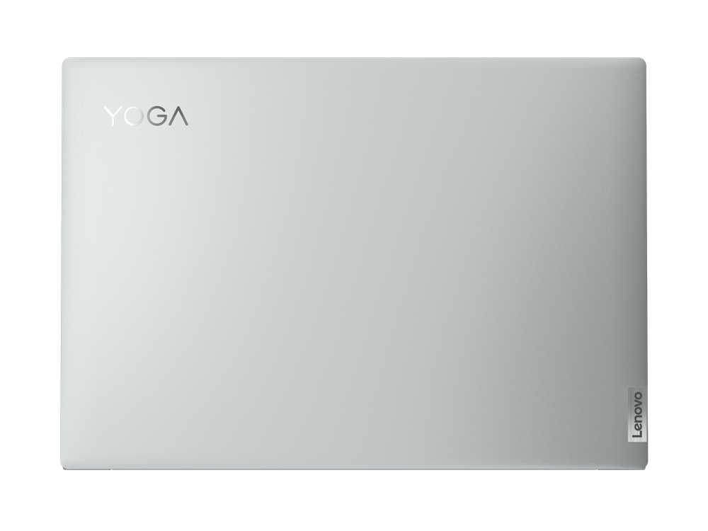 La parte trasera cerrada de un portátil plateado con la palabra 'YOGA' y el logotipo de Lenovo visibles.