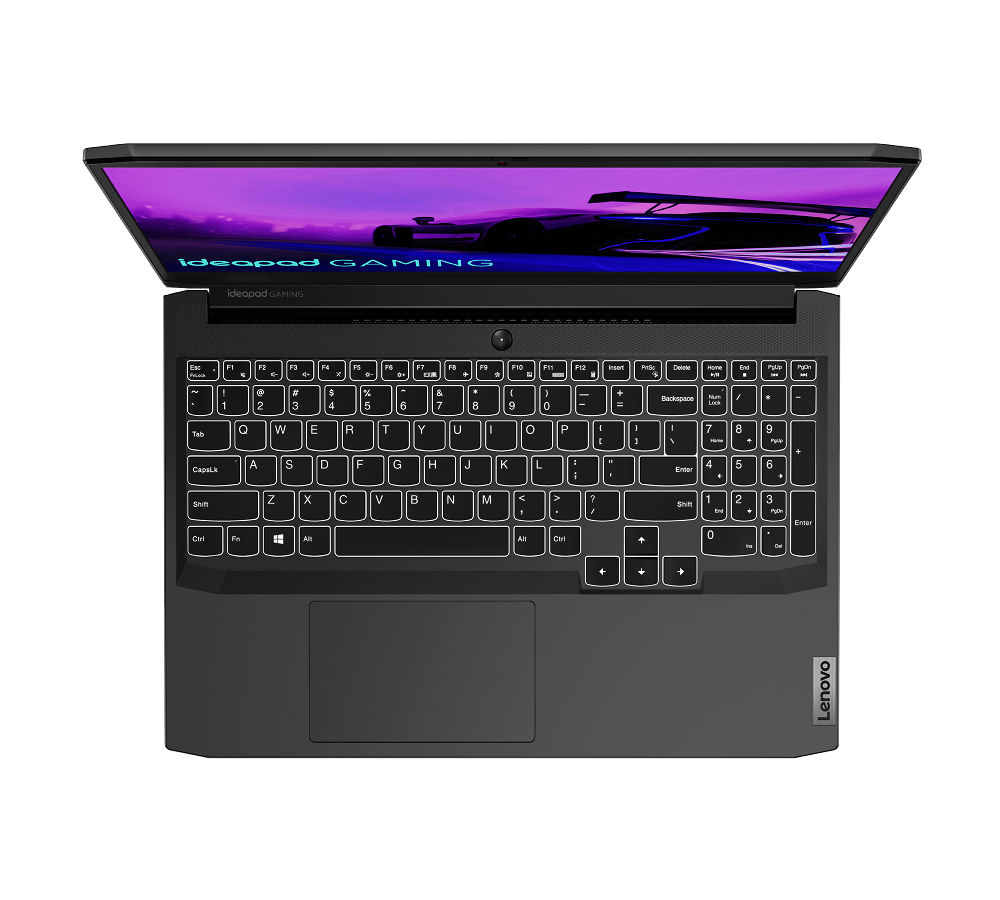 Una vista desde arriba de un portátil con pantalla morada, el teclado es visible.