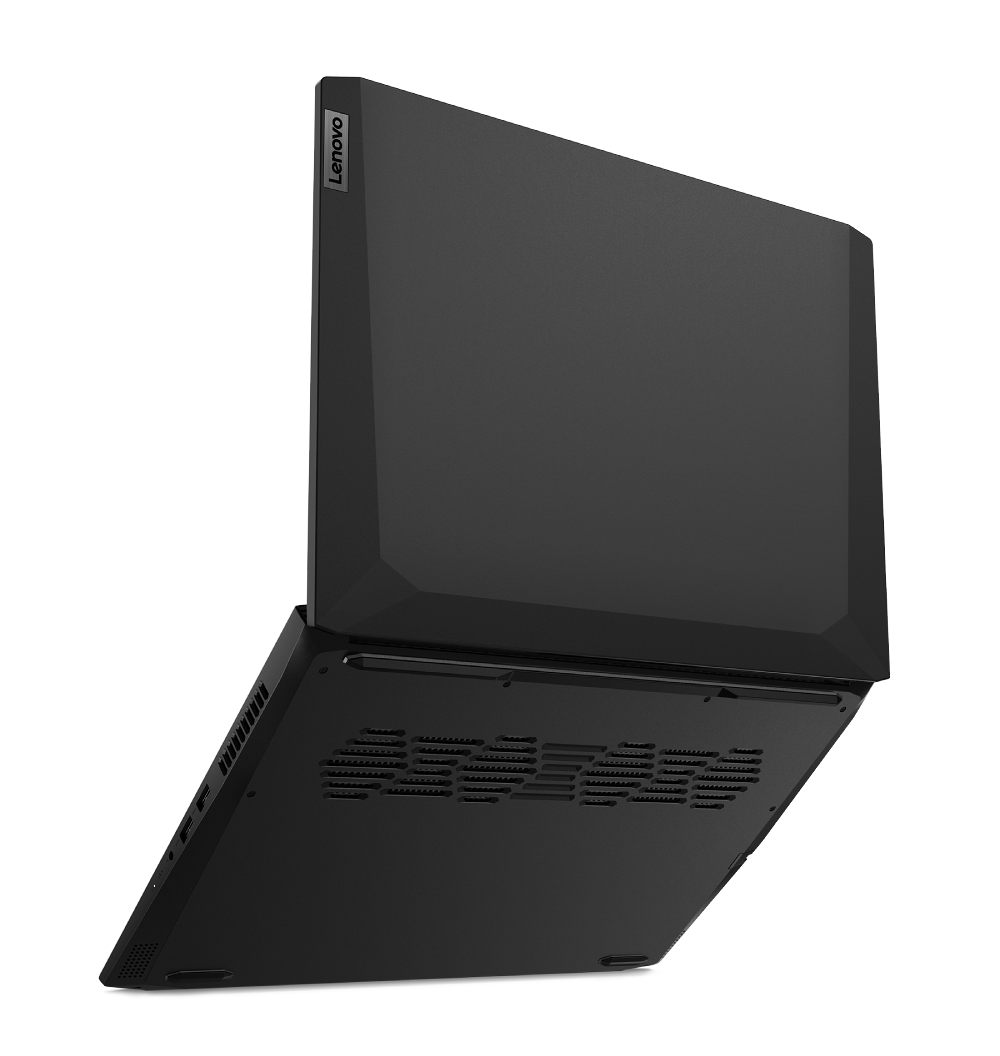 Laptop Lenovo negro, abierto. Superficie negra.