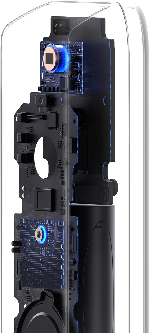 Eine schwarze Platine mit blauen Leuchten und Mikrochips in einem durchsichtigen Gehäuse.