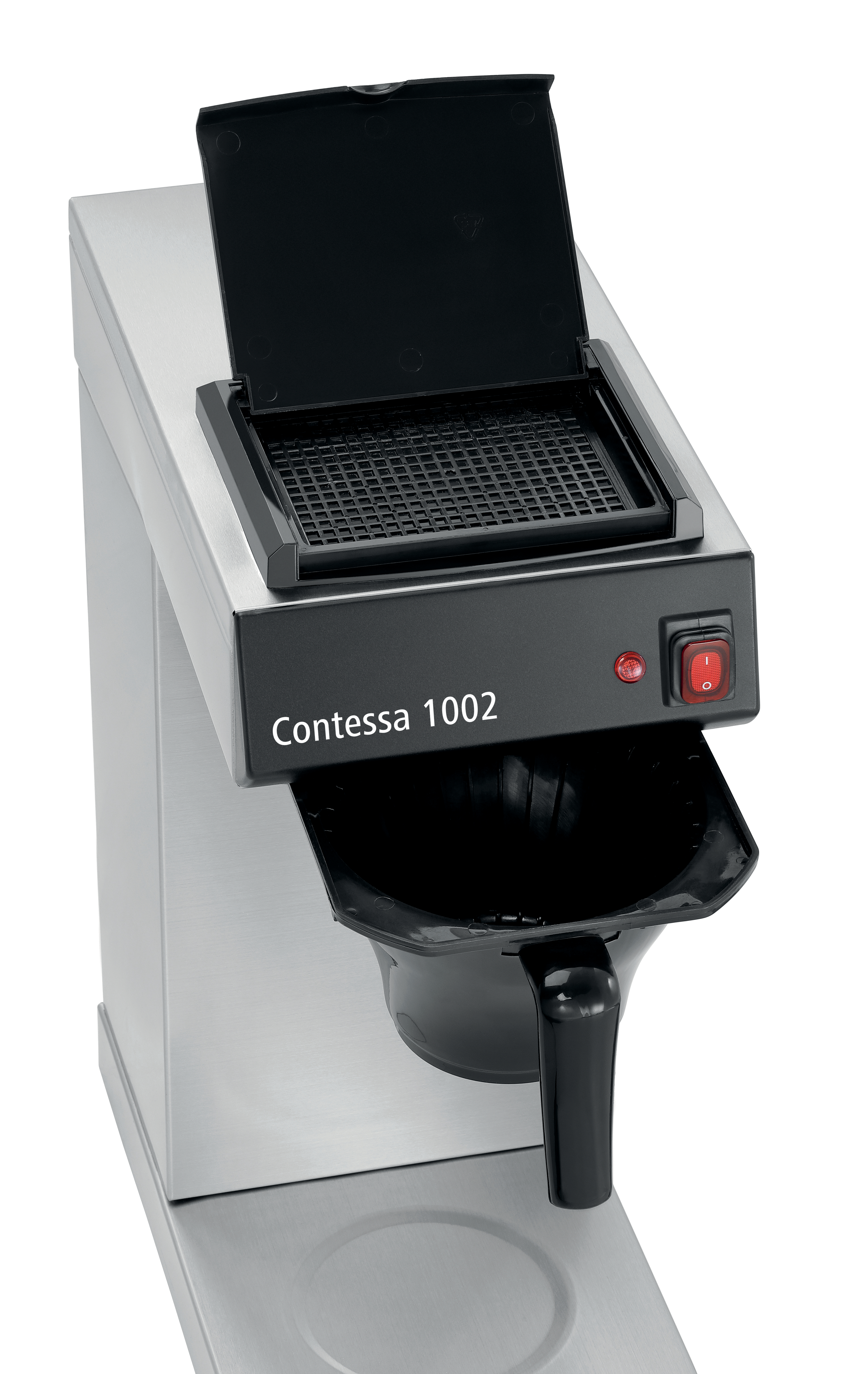Eine Contessa 1002 Kaffeemaschine. Sie hat einen schwarzen Deckel, Filter und Kaffeekanne. Ein roter Ein-/Ausschalter befindet sich an der Seite.