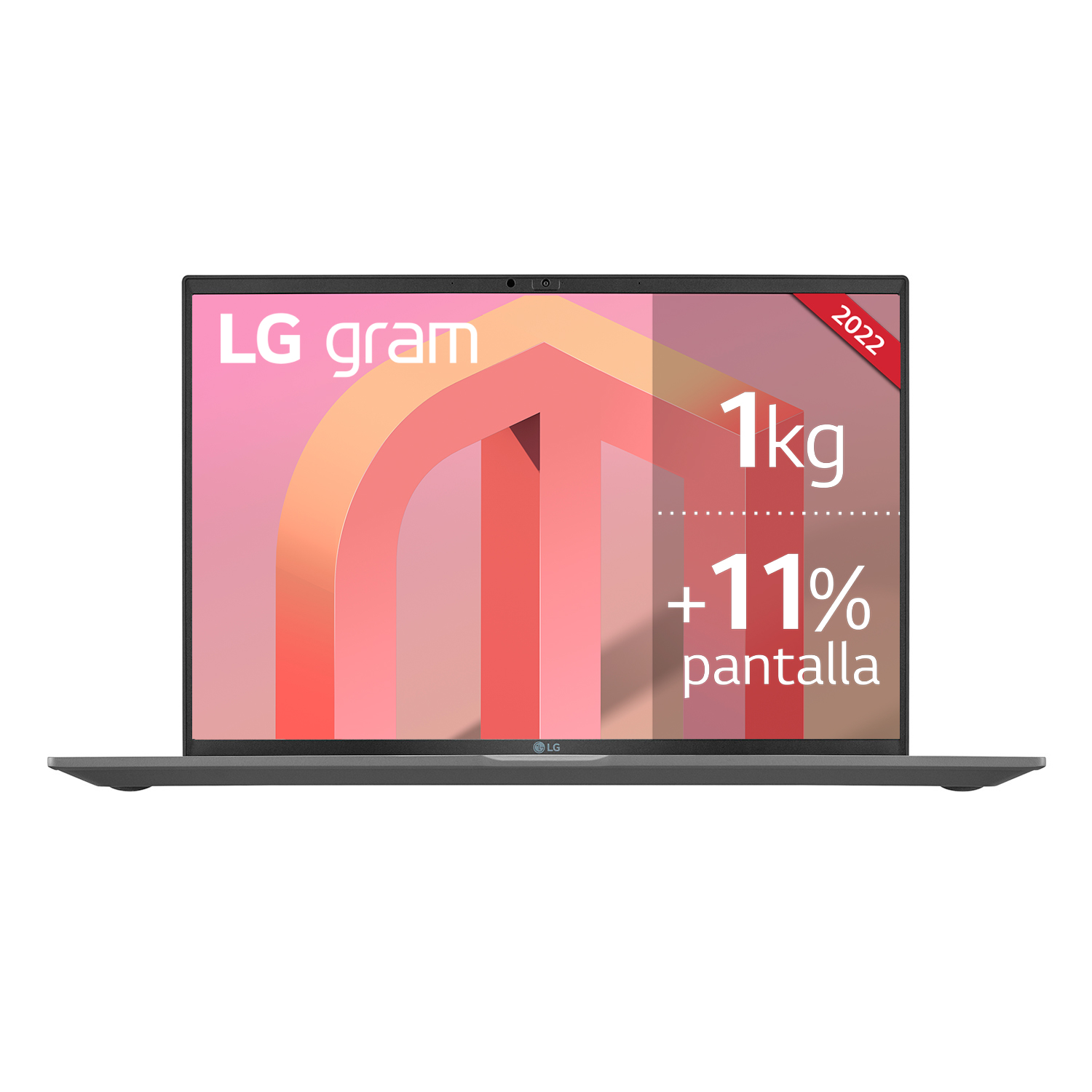 Una laptop LG Gram cerrada con pantalla blanca y rosa, con etiquetas "2022" y "1kg".