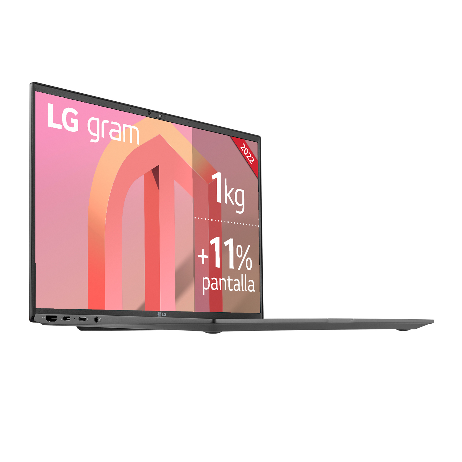 Portátil LG gram, abierto, vista en ángulo. Muestra un gráfico con texto sobre peso y tamaño.