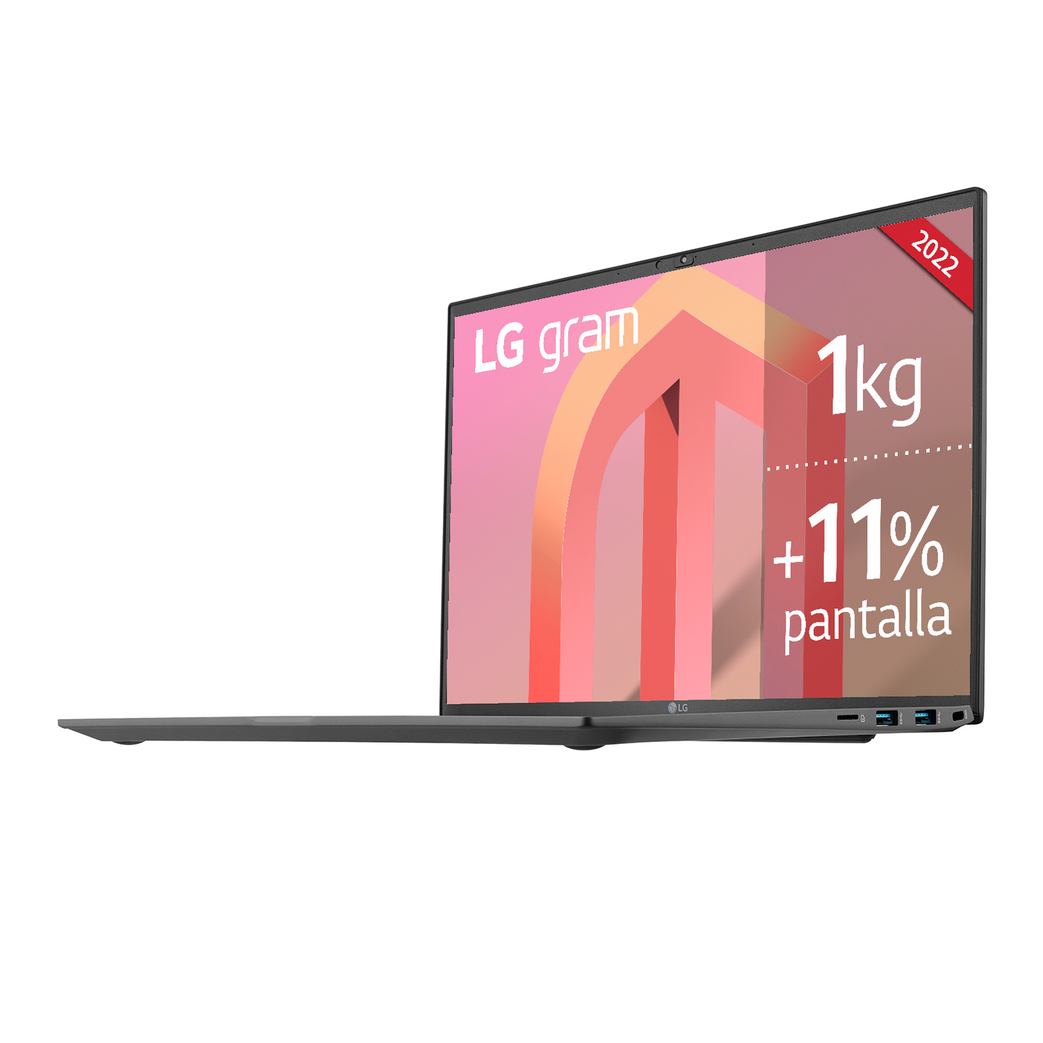 Portátil LG gram. La pantalla muestra un diseño abstracto con texto que indica el peso y el aumento del tamaño de la pantalla.