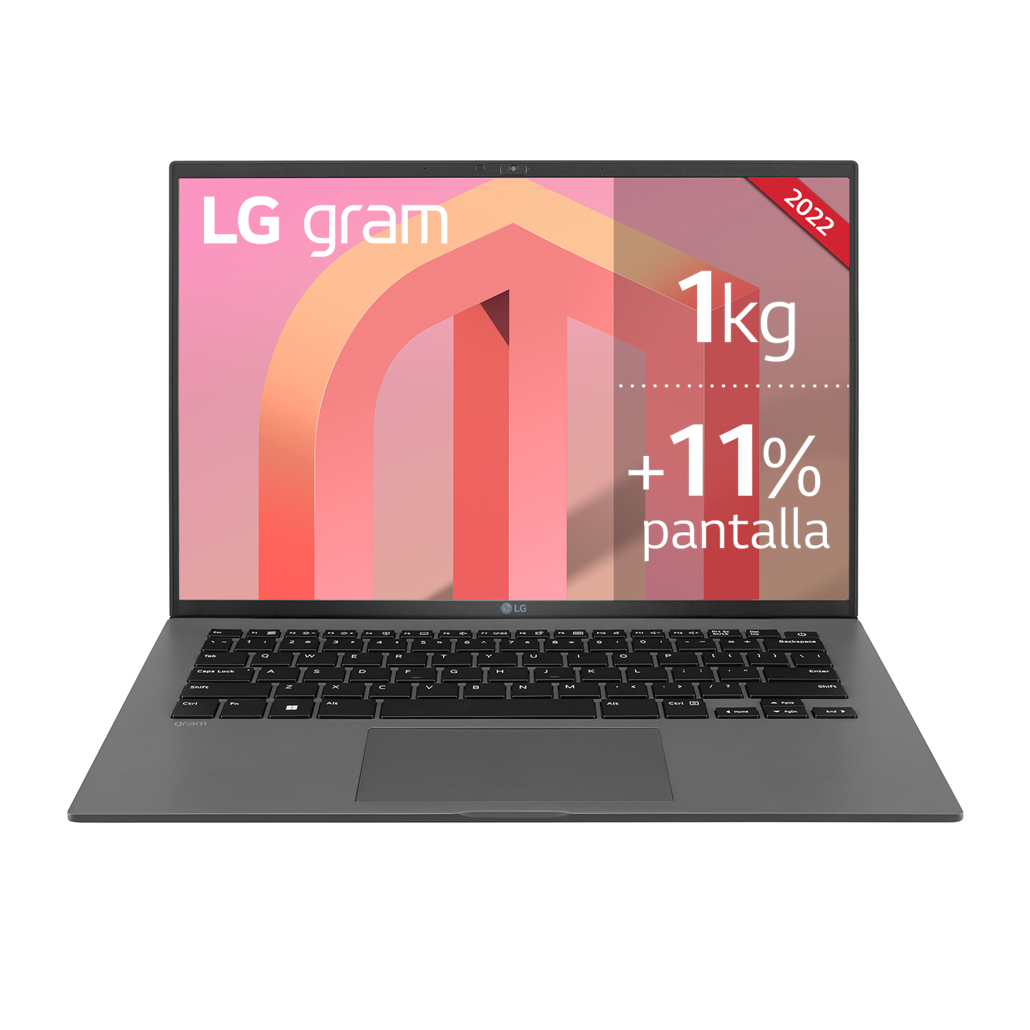 Una computadora portátil gris con el logotipo de LG gram en la pantalla. También se ve el texto “1kg +11% pantalla”.