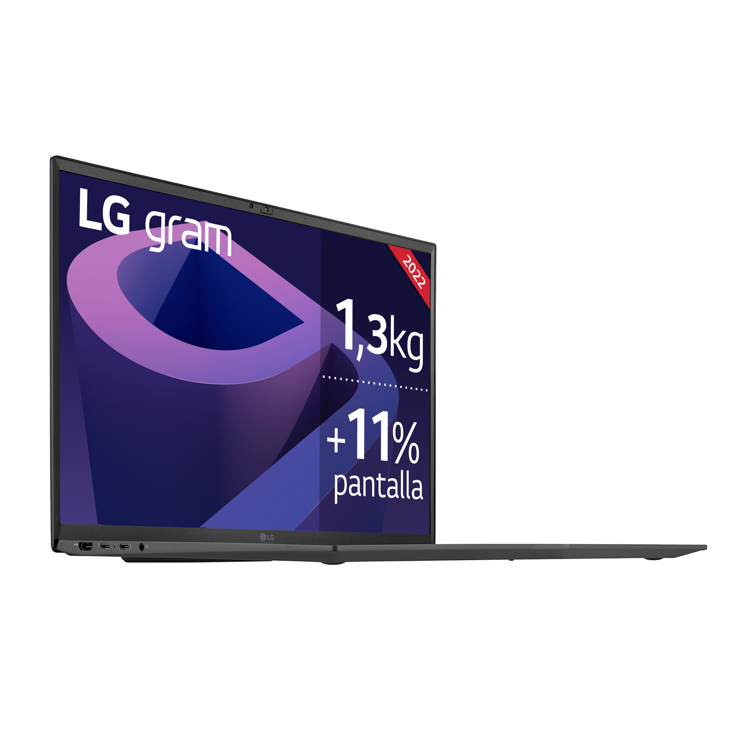 Laptop LG con pantalla colorida y texto que indica peso y características sobre fondo blanco.