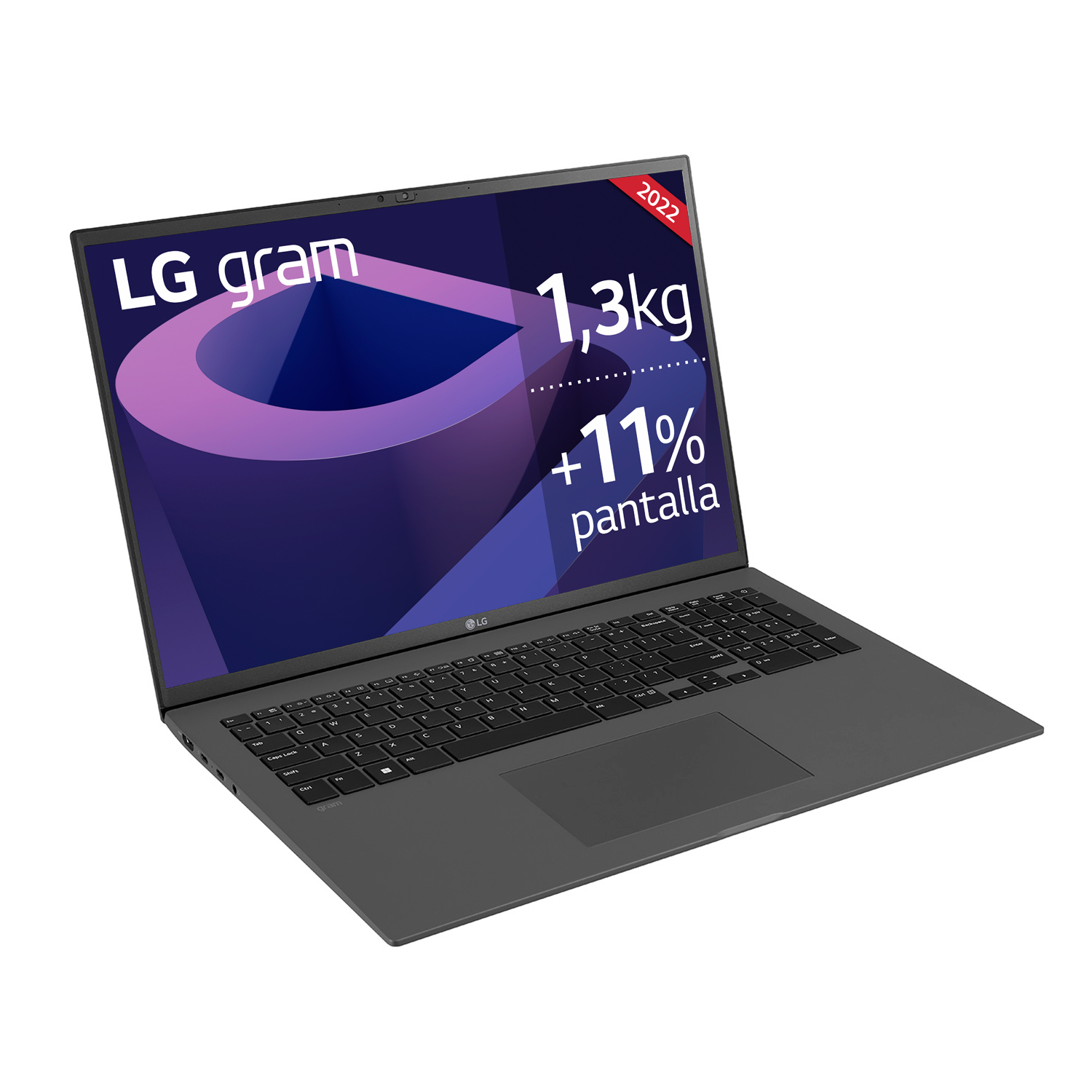 Laptop LG Gram gris abierto, mostrando pantalla, con etiqueta roja 2022.