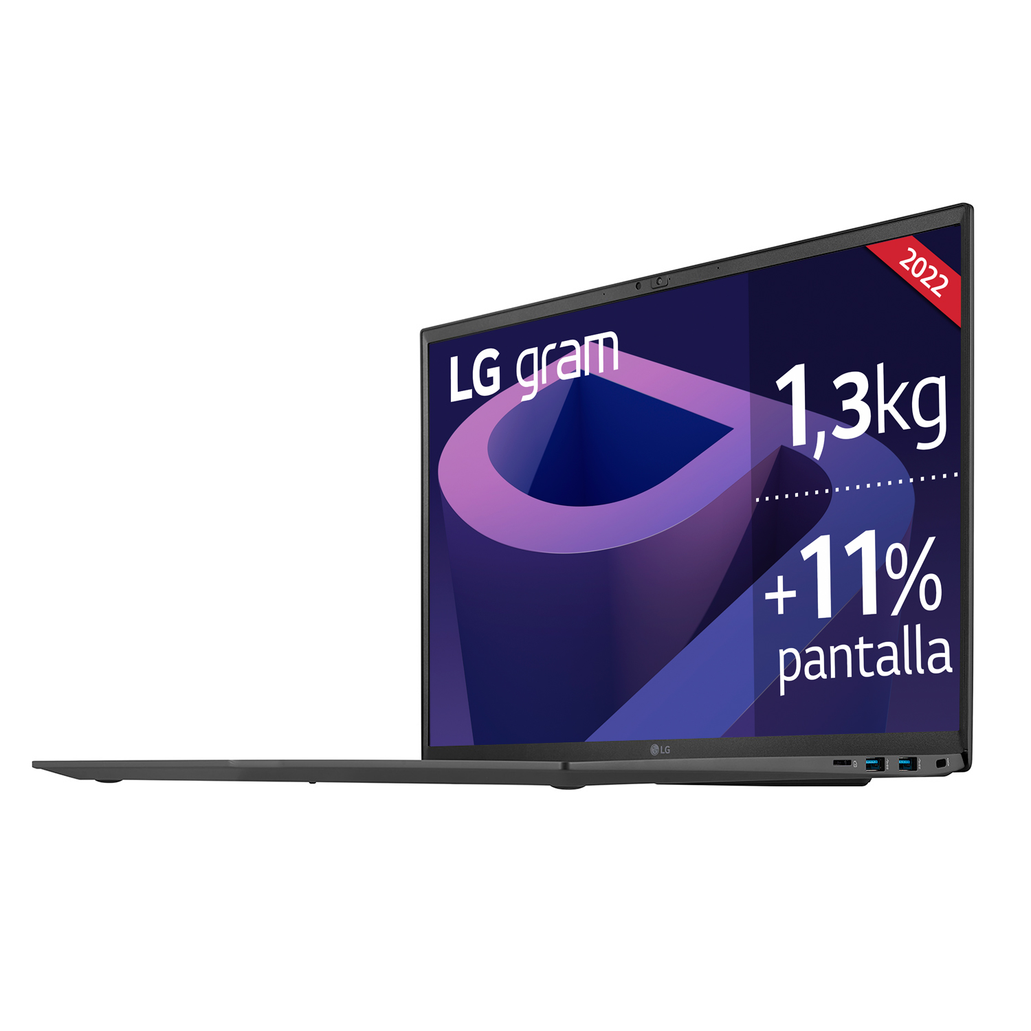 Portátil LG gram abierto mostrando el perfil lateral y la pantalla con el texto '1,3kg +11% pantalla'.