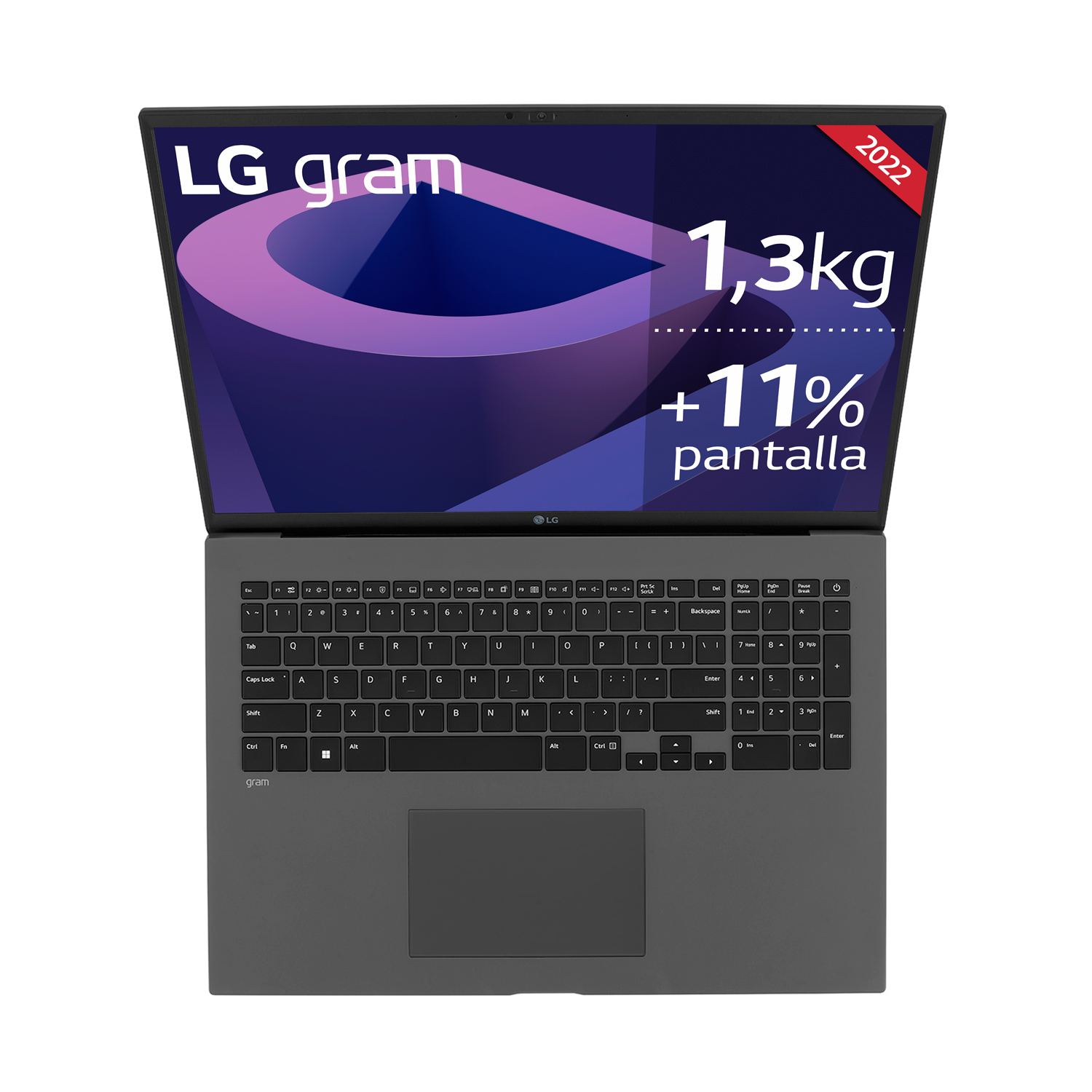 Laptop LG gram abierto, vista superior. Pantalla muestra texto promocional, teclado visible.