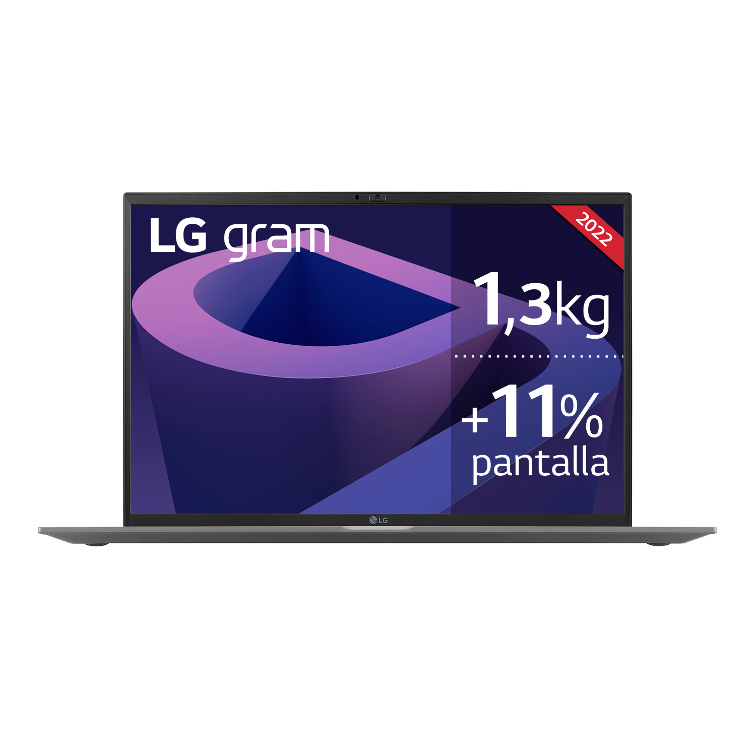 Laptop LG gram con pantalla con texto. Insignia roja de esquina 2022.