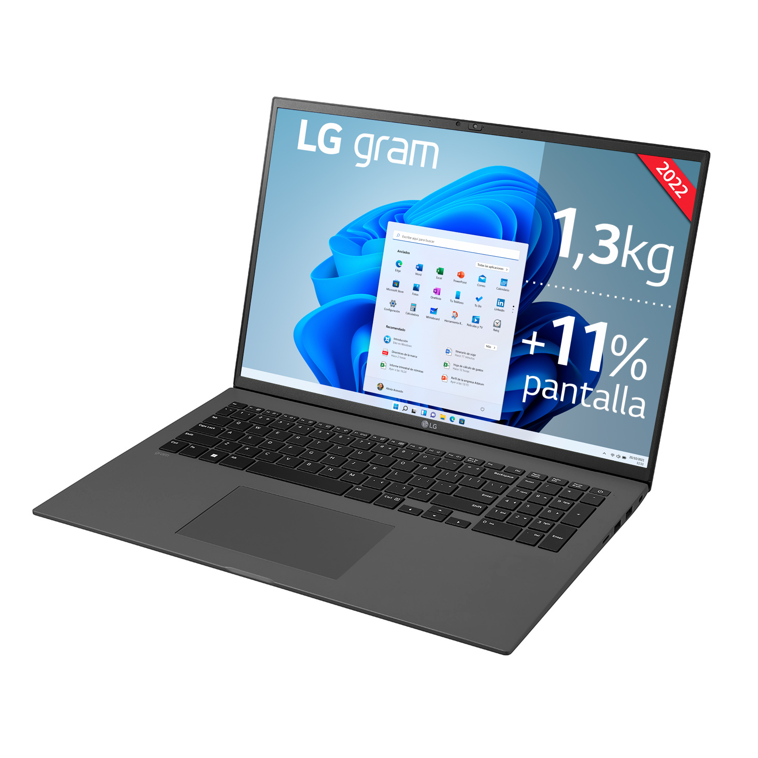 Portátil gris abierto, mostrando escritorio de Windows. Muestra peso y tamaño de pantalla.