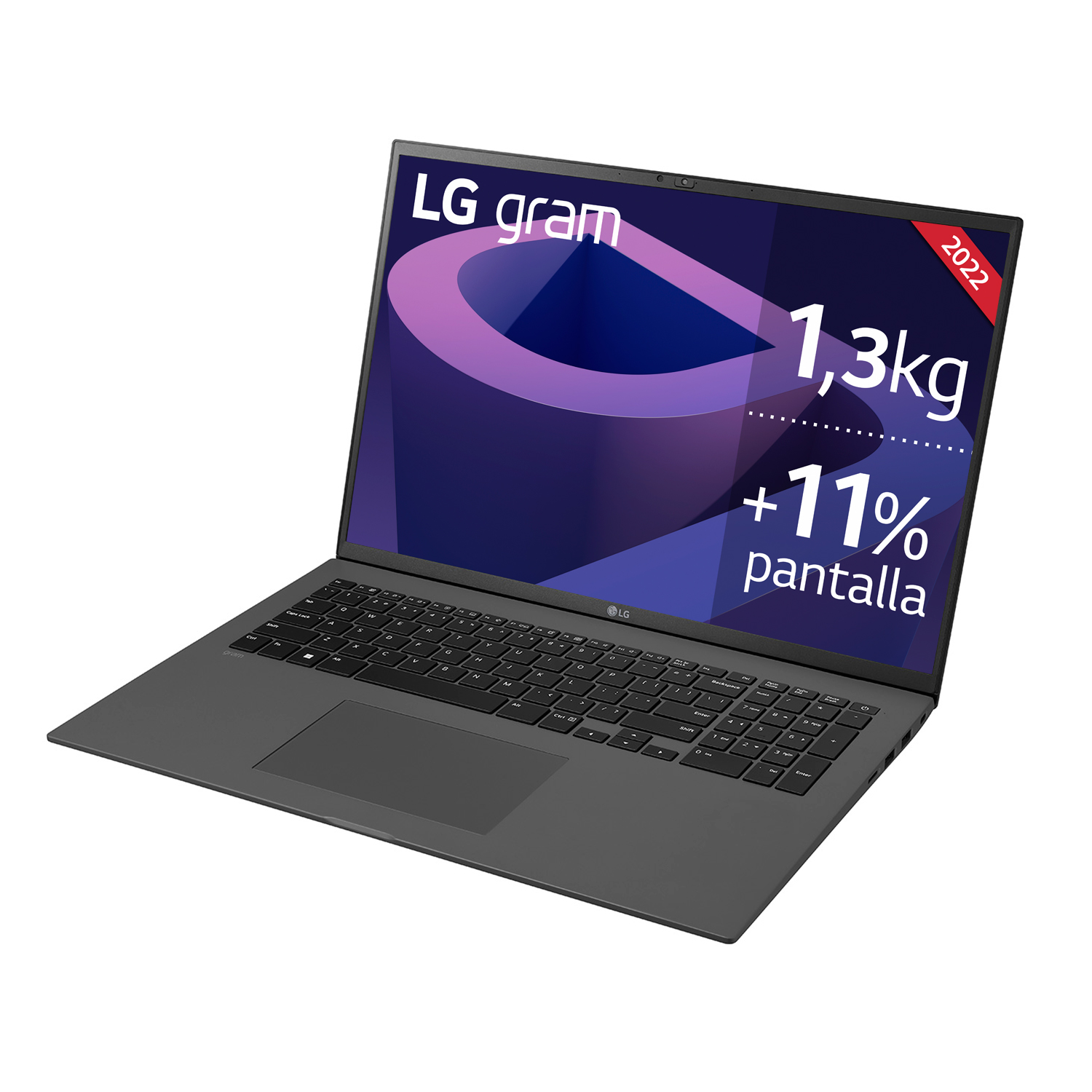 Portátil LG gram gris abierto. Pantalla muestra texto: 1,3kg, +11% pantalla. 2022 en la esquina.
