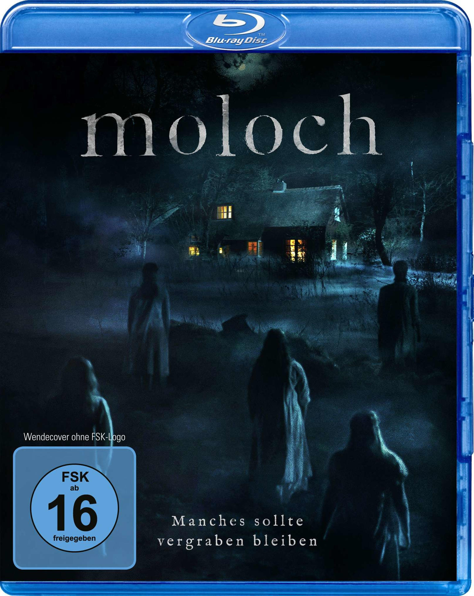 Blu-ray-Cover: Ein Haus in einem dunklen Wald mit geisterhaften Figuren, der Titel lautet 'Moloch'.