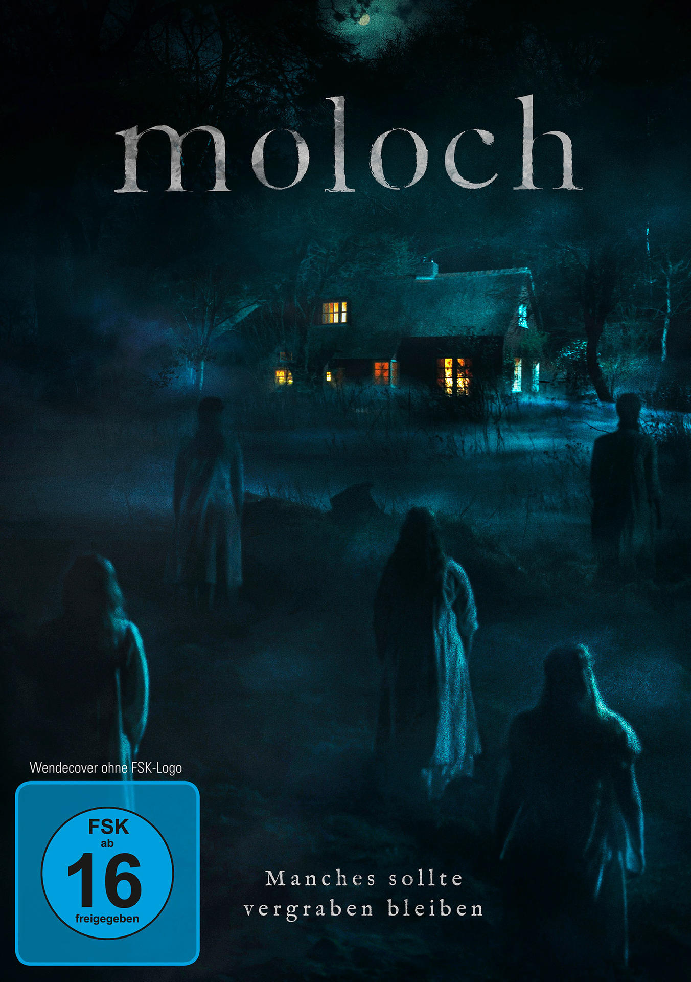 Horrorfilm-Cover: Dunkle Waldszene, Schattenfiguren, Haus mit beleuchteten Fenstern, blaue und grüne Farbtöne.