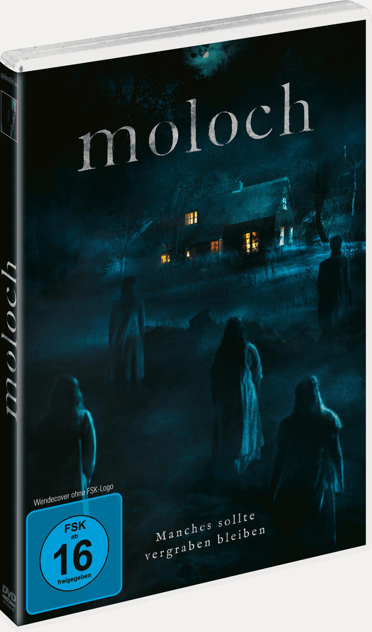 DVD-Cover mit einer dunklen, unheimlichen Szene von Figuren in einem Wald, dem Titel 'moloch' und einer Bewertung.