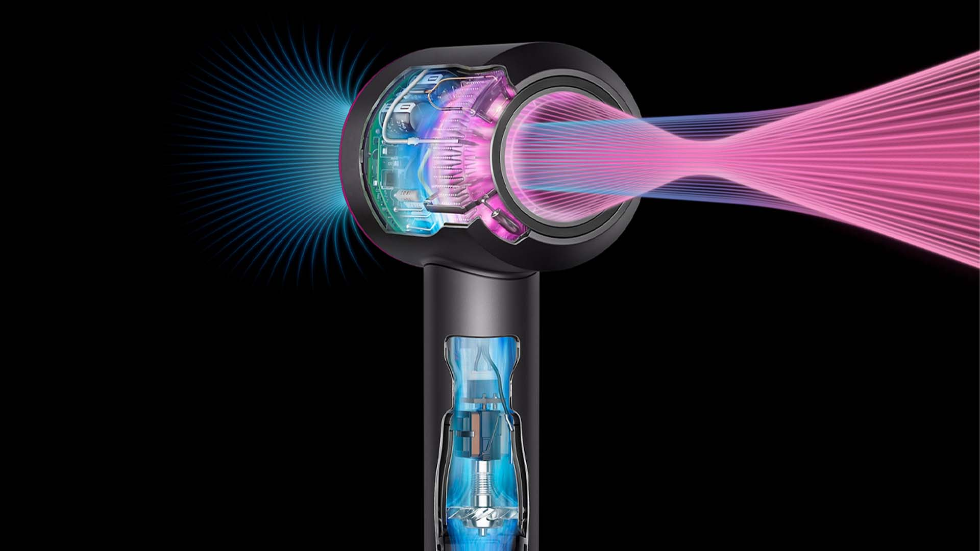 Doorsnede van een Dyson haardroger met interne componenten en luchtstroom.
