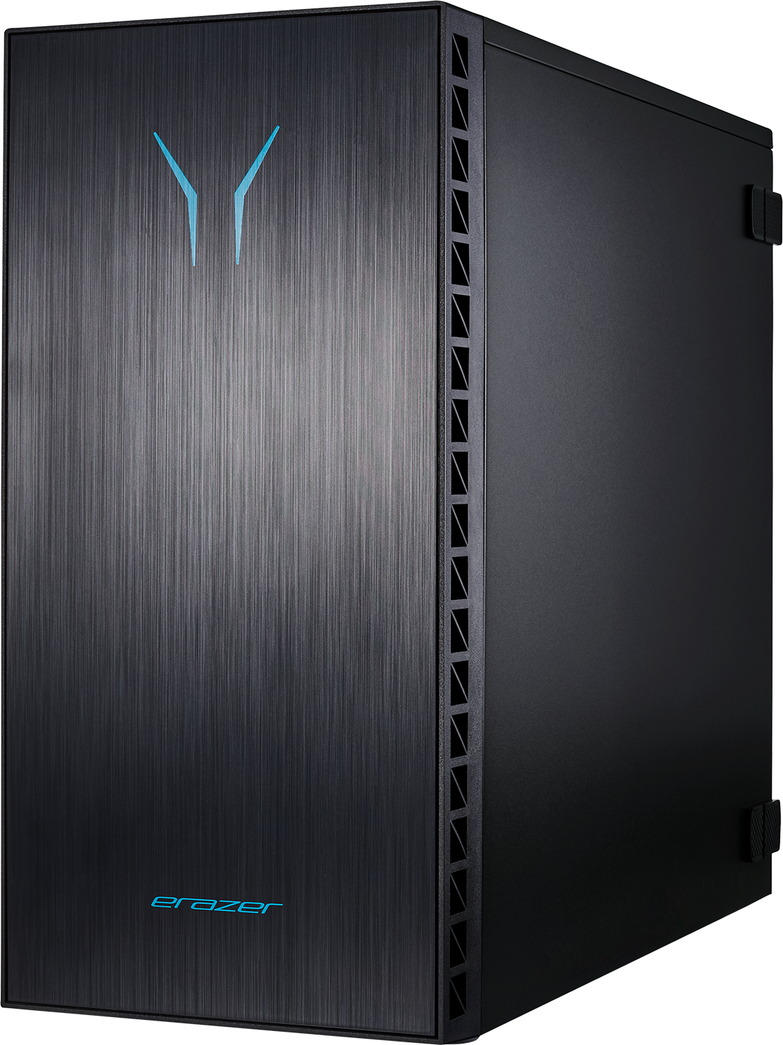 Zwarte gaming pc-behuizing met geborstelde voorkant en blauw logo.