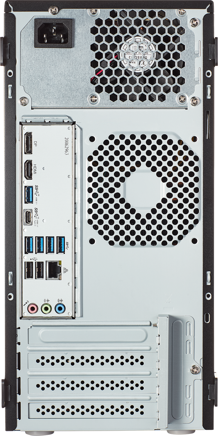 Achterkant van een pc met poorten: stroom, ventilator, DP, HDMI, USB, netwerk, audio.