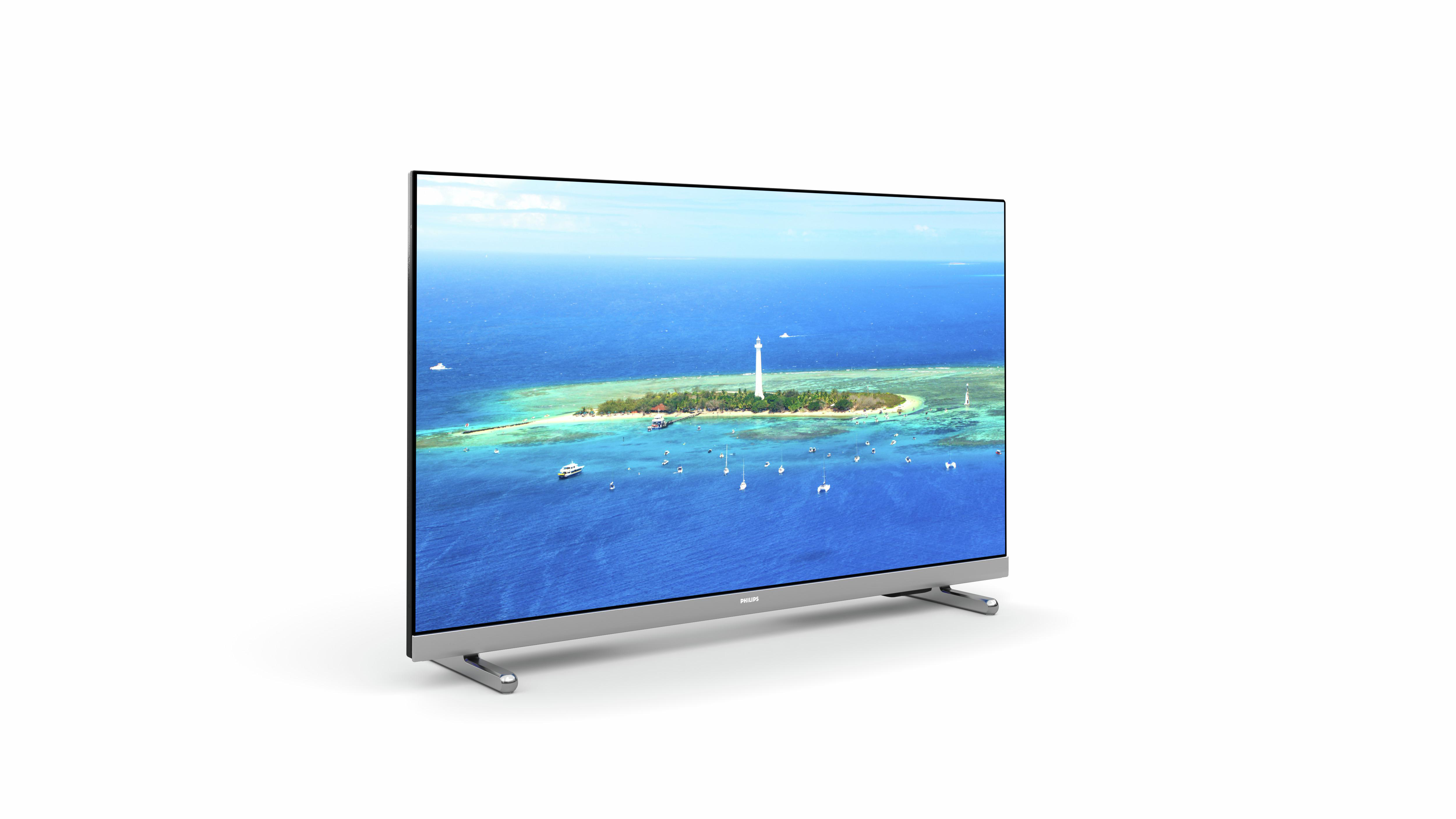 Flachbildfernseher mit tropischer Insel, weißer Hintergrund.