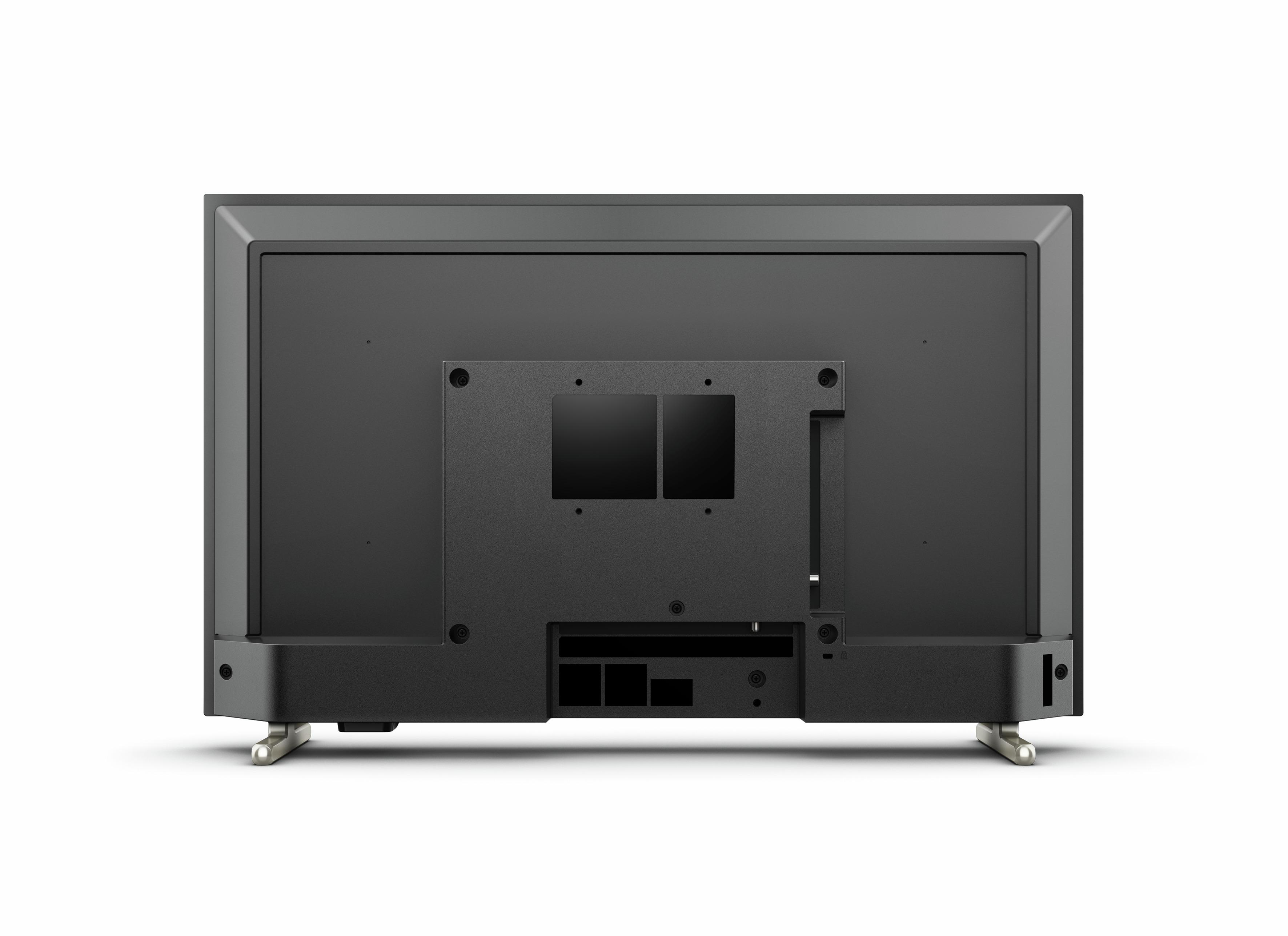Rückseite eines schwarzen Fernsehers auf weißem Hintergrund. Der Fernseher hat eine rechteckige Halterung.