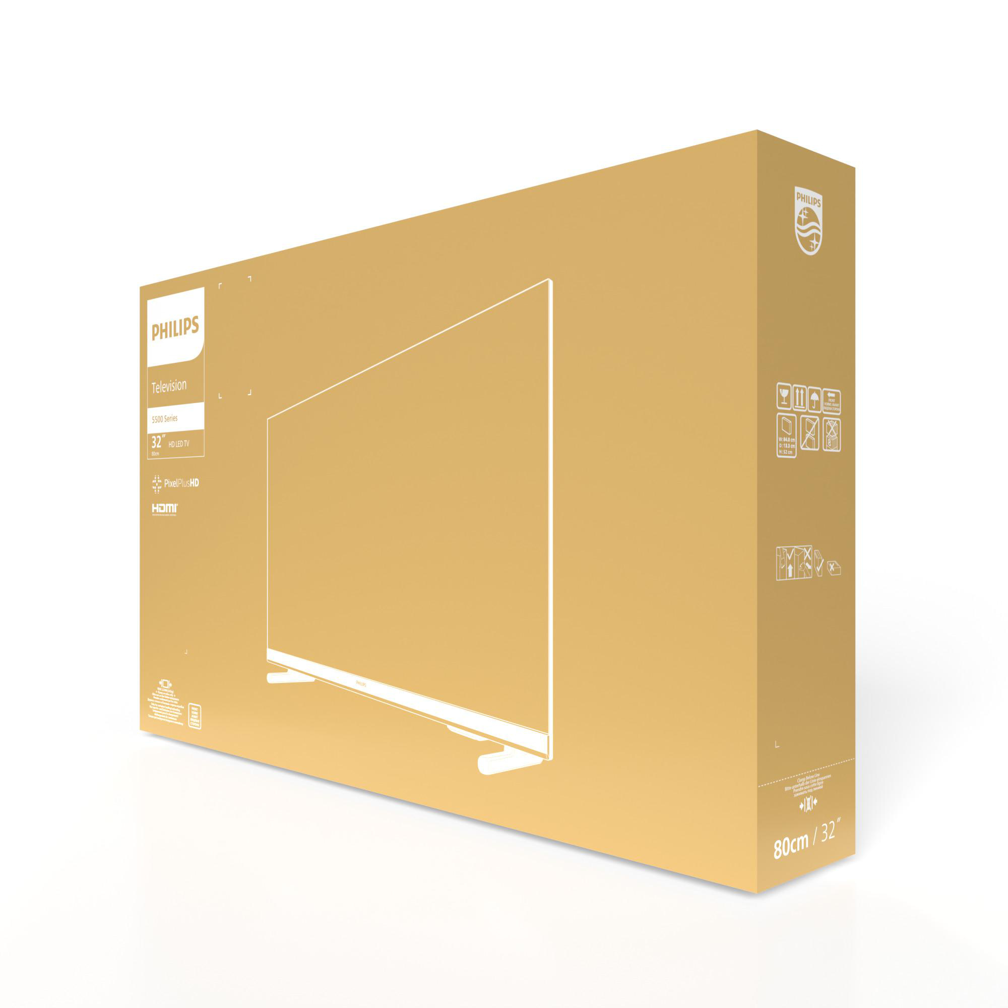 Box mit einem Fernseher, weißer Hintergrund, Philips-Markenlogo.