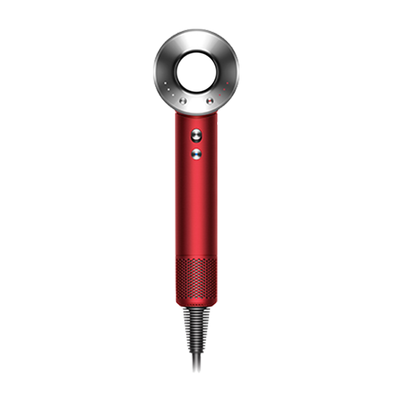 Secador de pelo Dyson rojo con detalles plateados. Diseño tubular. Fondo negro.