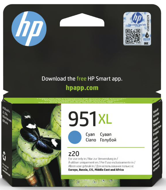 HP tintapatron doboza, cián szín, pillangó zöld levélen.