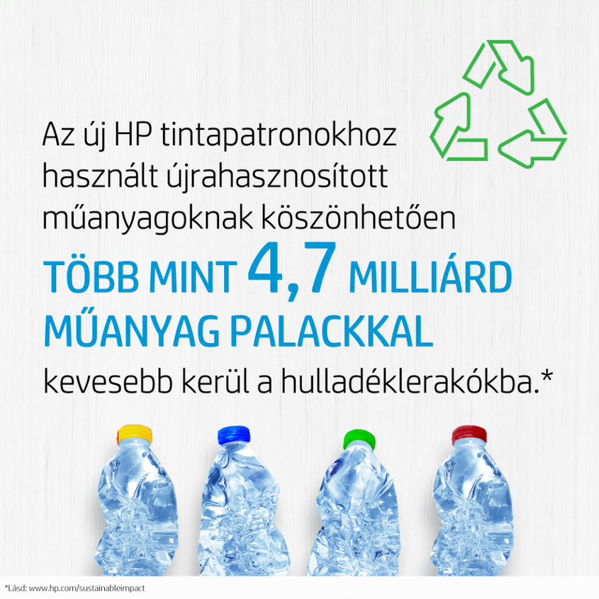 Négy színes kupakú vizespalack a újrahasznosításról szóló szöveg mellett.